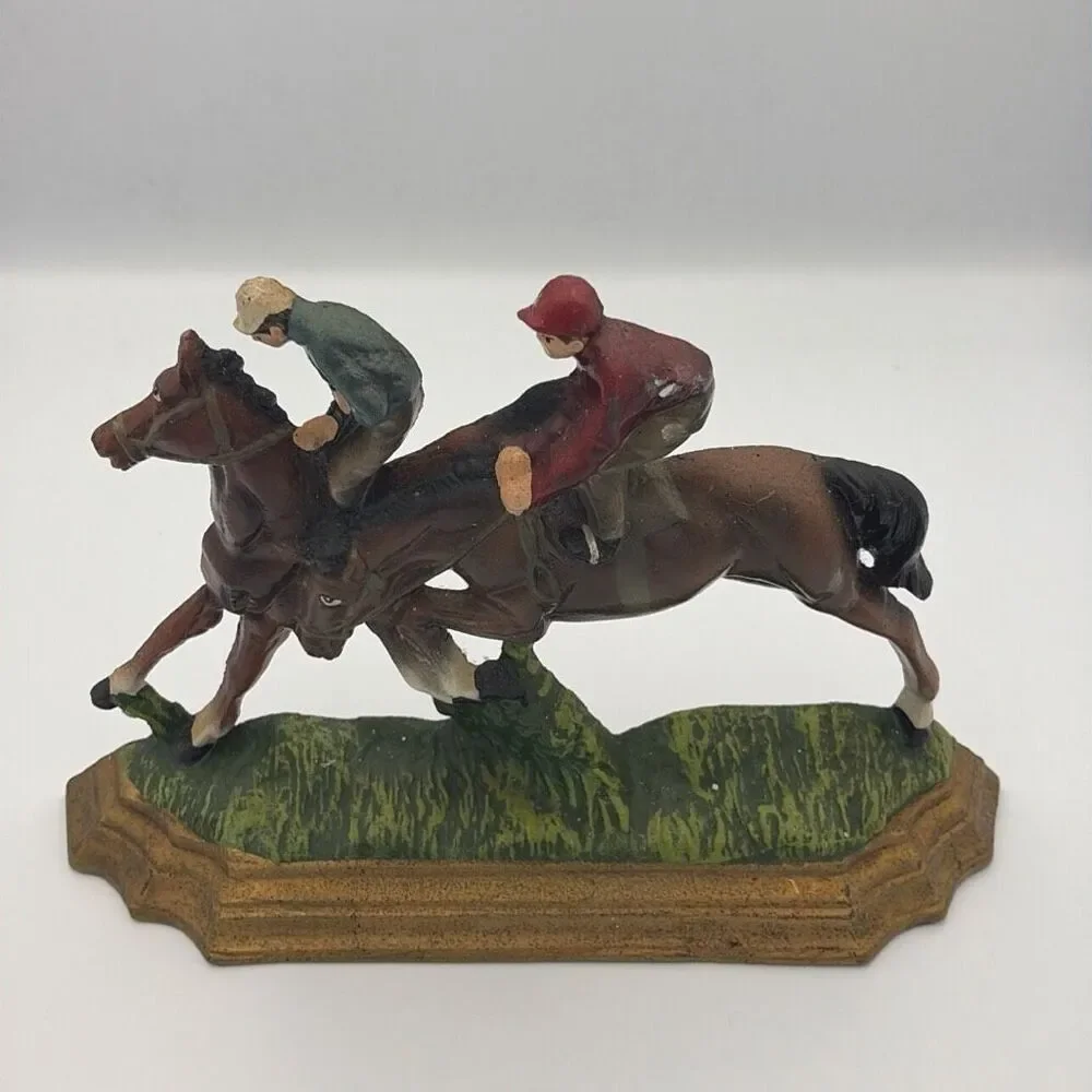 Vintage Cast Iron Door Stop Equestrians on Horseback Racing Jockey on Horse 8x11
